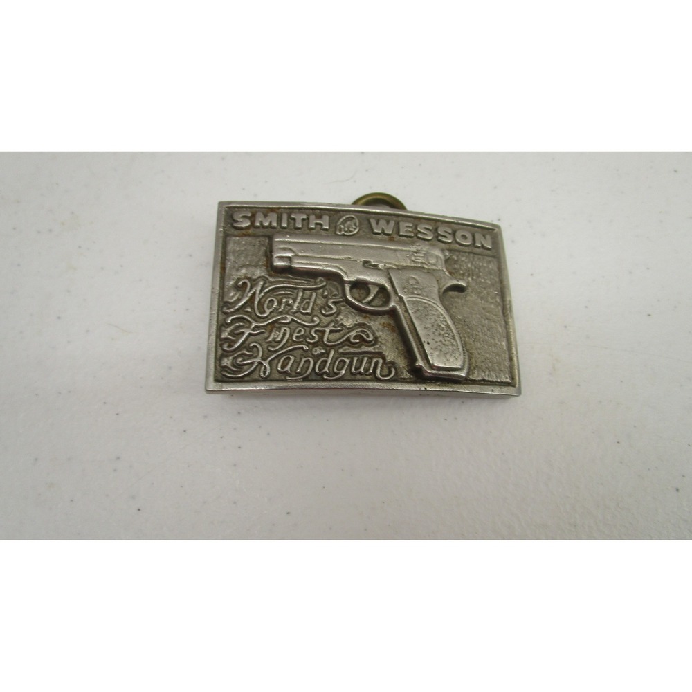 Vintage Smith & Wesson Belt Buckle Worlds Finest Handgun Silver Tone Metal 3"